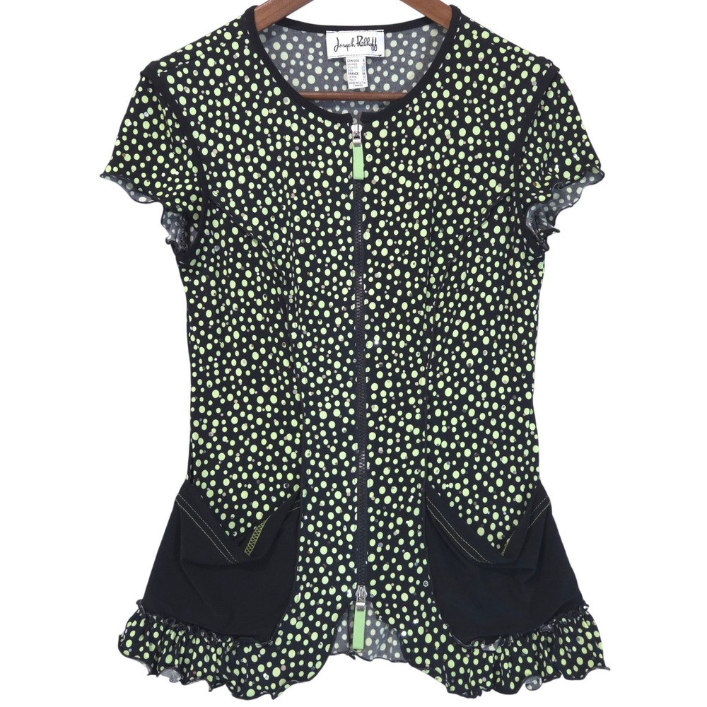 Joseph Ribkoff Polka Dot Sequin Zip Front Peplum Top‎ Womens 6 Green Whimsigoth